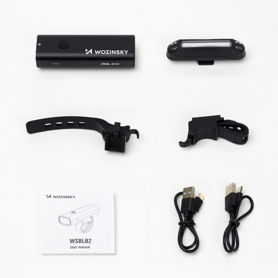 Wozinsky WSBLB2 Front (400 lm) and Rear USB-C Bike Light Set - Black