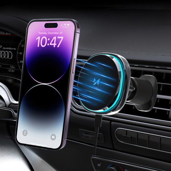 Wozinsky WCT5-Q6S2Y Car Holder with Qi/MagSafe 15W Inductive Charger for Ventilation Grill with Fan - Black