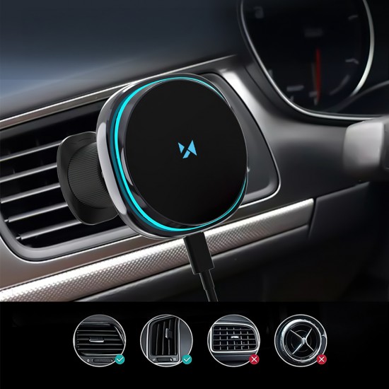 Wozinsky WCT5-Q6S2Y Car Holder with Qi/MagSafe 15W Inductive Charger for Ventilation Grill with Fan - Black