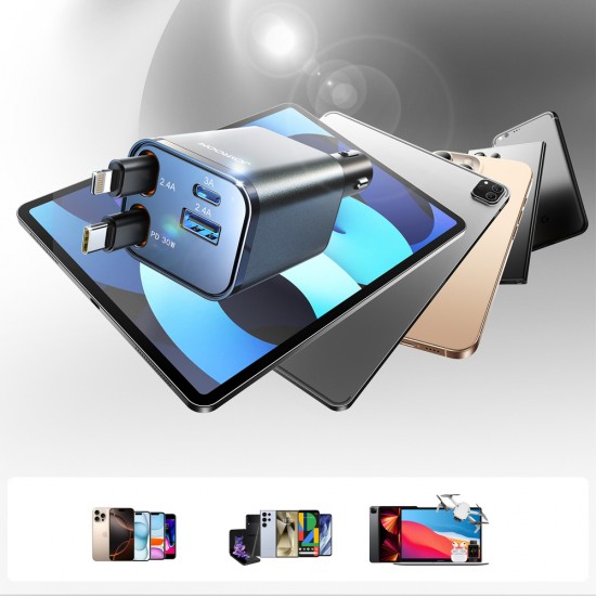 Joyroom JR-CCL05 30W 4-in-1 Car Charger with 2 Built-in Retractable Cables - Dark Gray