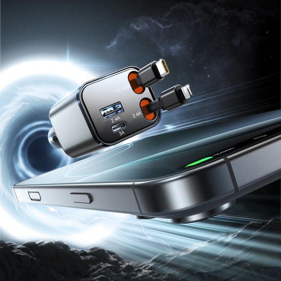 Joyroom JR-CCL05 30W 4-in-1 Car Charger with 2 Built-in Retractable Cables - Dark Gray