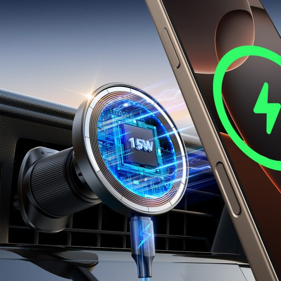 Joyroom JR-ZS502 MagSafe Compatible Car Holder with Wireless Charger for Air Vent/Dashboard - Black