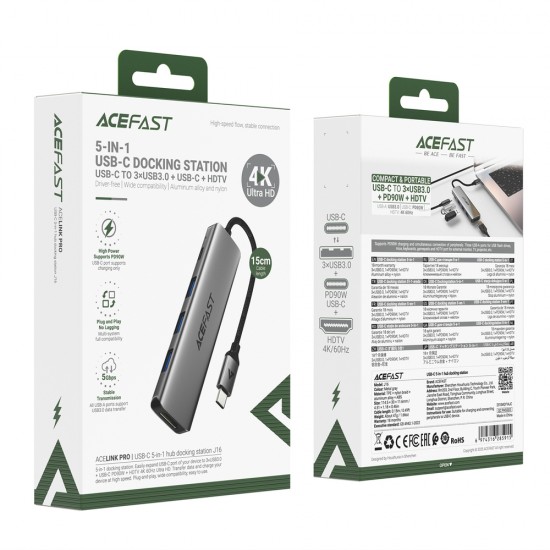 Acefast J16 USB Hub USB-C 5-in-1 HDMI 4K 60Hz PD90W Docking Station - Gray
