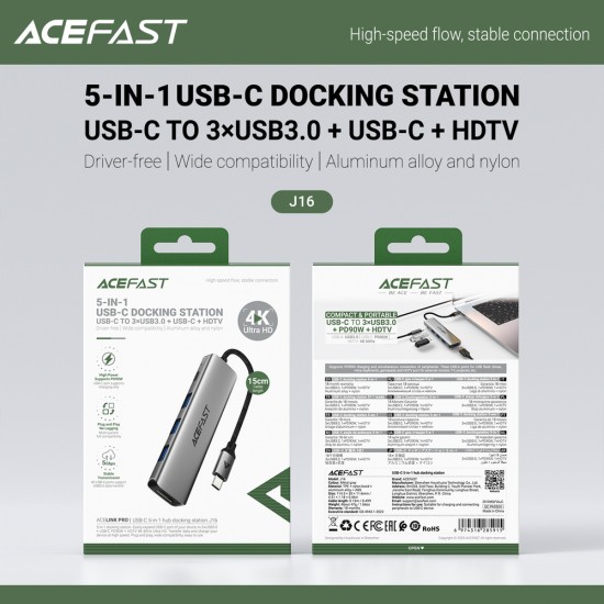 Acefast J16 USB Hub USB-C 5-in-1 HDMI 4K 60Hz PD90W Docking Station - Gray