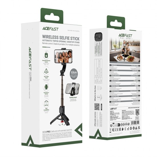 Acefast E42 Selfie Stick with Automatic Tripod and Bluetooth Remote Control 63 cm - Black