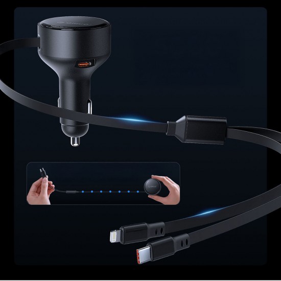 Orico Dual Stretch 60W USB-C Car Charger with Two Retractable USB-C + Lightning Cables - Black