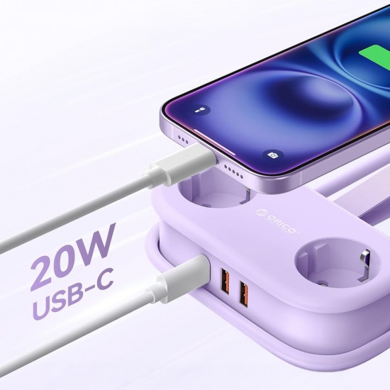 Orico AP3 20W GaN 5in1 Power Strip 2x AC + 2x USB-A + 1x USB-C - Purple