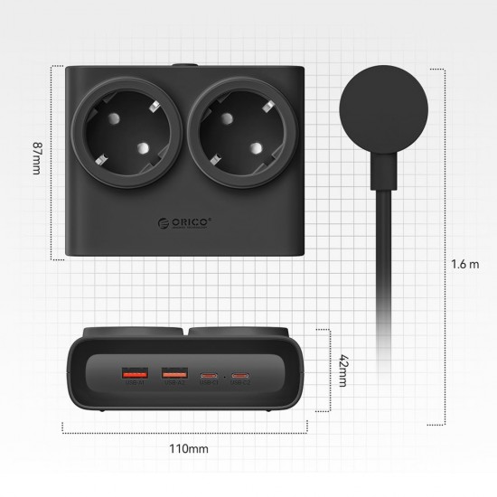 Orico PDC25 25W 6in1 Power Strip 2x AC + 2x USB-A + 2x USB-C - Black