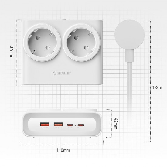 Orico PDC25 25W 6in1 Power Strip 2x AC + 2x USB-A + 2x USB-C - White