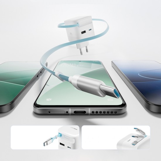 Cuktech AD653W 67W GaN 2x USB-C + USB-A Wall Charger with 70cm Retractable USB-C Cable - White