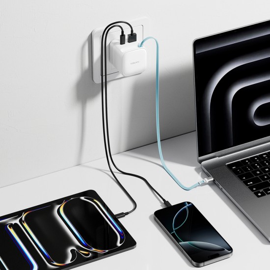 Cuktech AD653W 67W GaN 2x USB-C + USB-A Wall Charger with 70cm Retractable USB-C Cable - White