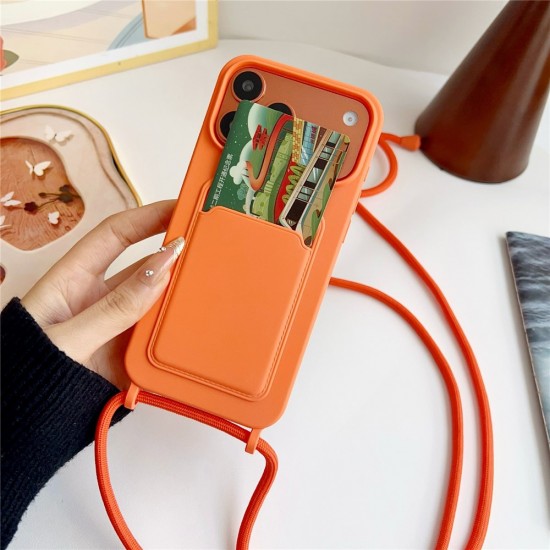 iPhone 17 Pro / 18 Pro Silicone Case with Card Pocket and Crossbody Strap - Orange