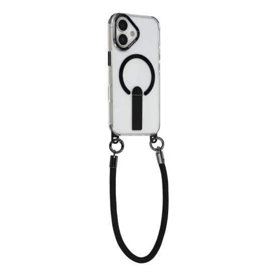 iPhone 17 case with stand, short strap (30 cm) and long strap (120 cm), compatible with MagSafe - black