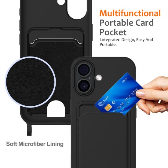 iPhone 17 TPU Case with Card Holder and Crossbody Lanyard - Black