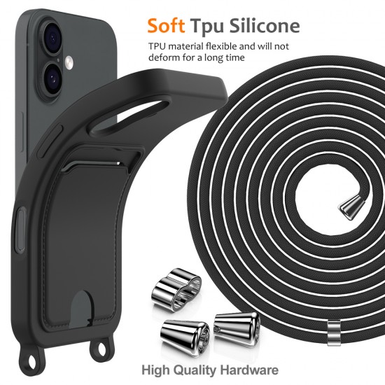 iPhone 17 TPU Case with Card Holder and Crossbody Lanyard - Black