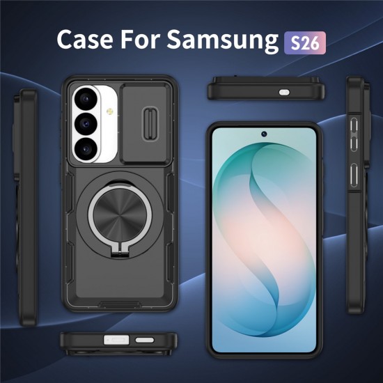 Samsung Galaxy S26 Case with Sliding Camera Cover and Swivel Stand Compatible with MagSafe - Black