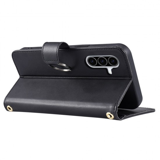 Samsung Galaxy A37 5G Leather Wallet Case with Stand and Shoulder Strap - Black