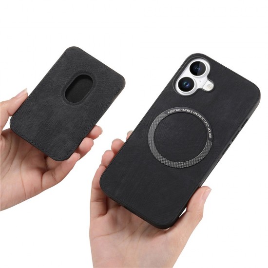 Synthetic Leather iPhone 17 Case with Detachable MagSafe Compatible Card Holder - Black