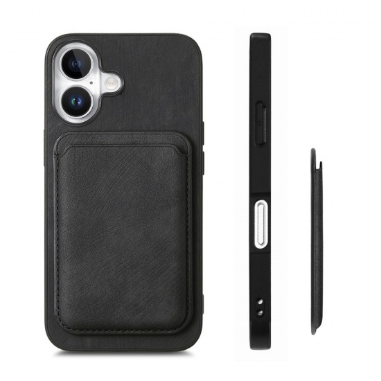 Synthetic Leather iPhone 17 Case with Detachable MagSafe Compatible Card Holder - Black