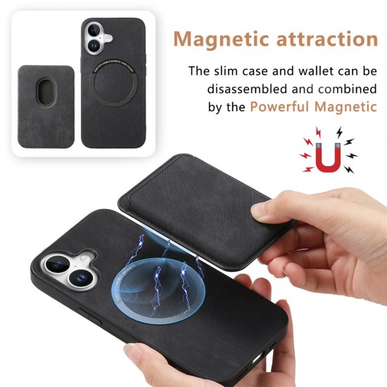 Synthetic Leather iPhone 17 Case with Detachable MagSafe Compatible Card Holder - Black