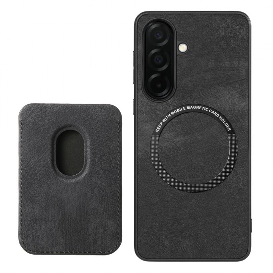 Samsung Galaxy S26 Case with Detachable Card Holder, MagSafe Compatible, Synthetic Leather - Black