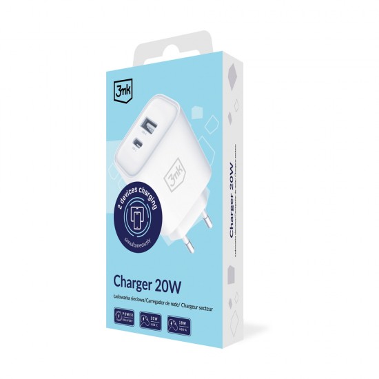 3mk DualCharge 20W PD3.0 QC 3.0 PPS USB 1A1C Wall Charger - White