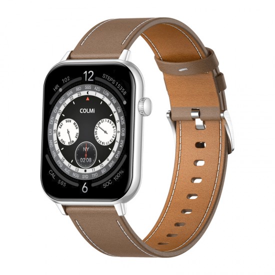 Smartwatch COLMI C28 – Ασημί + Καφέ δερμάτινο λουράκι