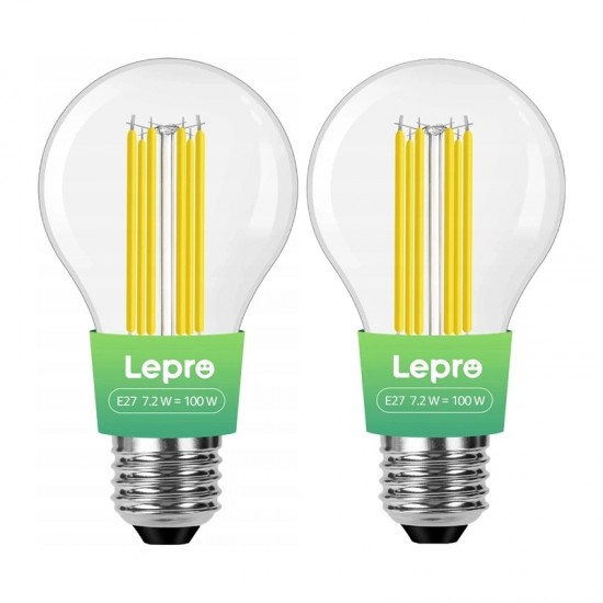 LEPRO 100094-WW-EU-2 Λαμπτήρας LED τύπου νήματος E27, 7,2 W (100 W), 1521 lm, 2700 K, Κατηγορία Α, συσκευασία 2 τεμαχίων