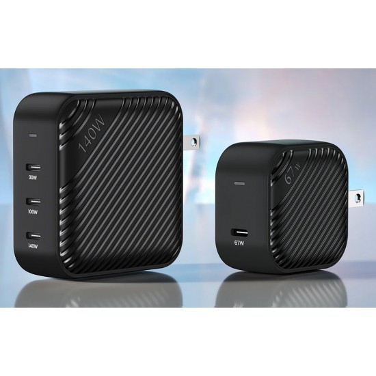 Wall charger INVZI GanHub 3x USB-C, 140W, EU/UK/AU/US (black)