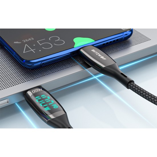 BlitzWolf Καλώδιο USB-C σε USB-C BW-TC23 με Οθόνη, 100W, 1.8m (Μαύρο)