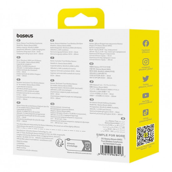 Baseus Ασύρματα Ακουστικά TWS Bowie WM01 (Λιλά)