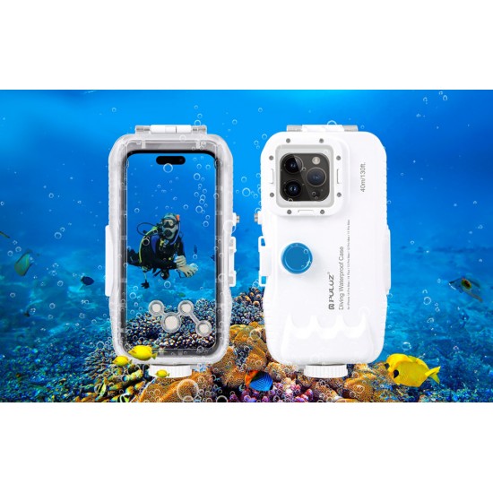 Plastic waterproof phone case Puluz for iPhone 15 Plus/15 Pro Max/14 Plus/14 Pro Max/13 Pro Max/12 Pro Max/11 Pro Max (white)