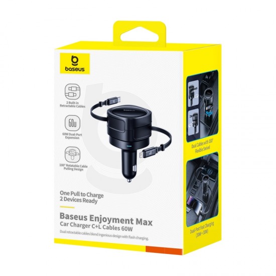 Baseus Enjoyment Max φορτιστής αυτοκινήτου με καλώδια USB-C+Lightning 60W Μαύρο