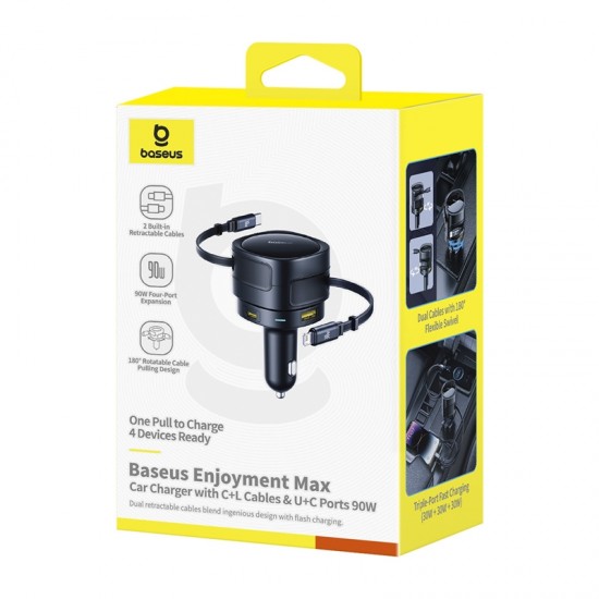 Φορτιστής αυτοκινήτου Baseus Enjoyment Max με καλώδια USB-C+Lightning και θύρες USB-A+USB-C 90W Μαύρο