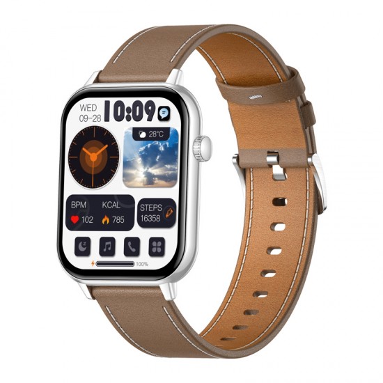Smartwatch COLMI C28 – Ασημί + Καφέ δερμάτινο λουράκι