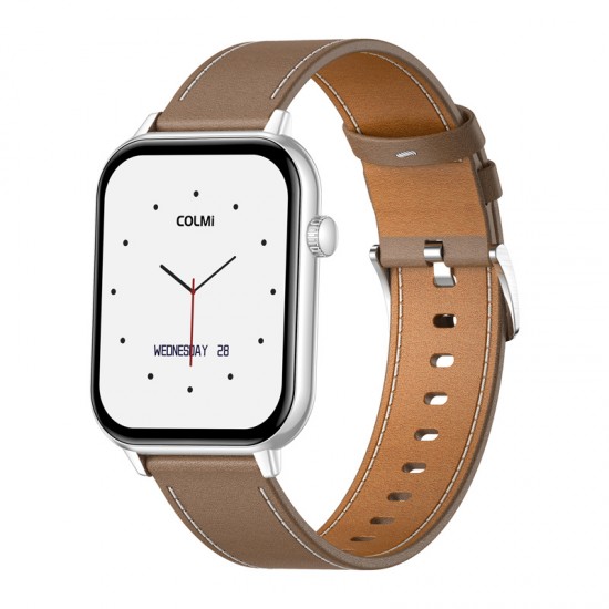 Smartwatch COLMI C28 – Ασημί + Καφέ δερμάτινο λουράκι